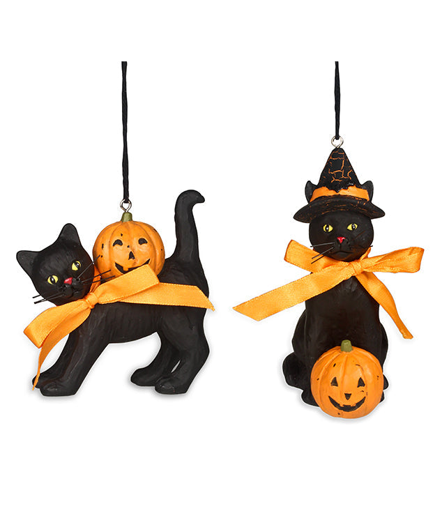 Black Cat with Pumpkin Ornaments