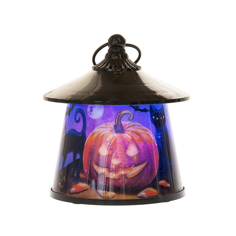 Pumpkin & Black Cat Lantern with Rotating Halloween Scene - LED