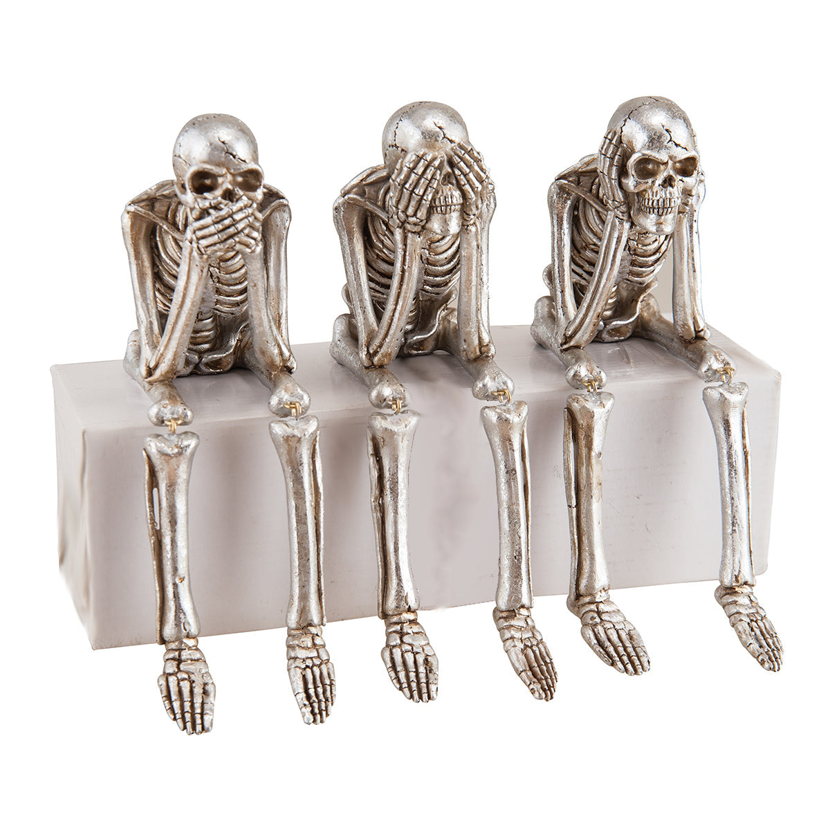"See No Evil, Hear No Evil, Speak No Evil Silver Skeleton Figurines"