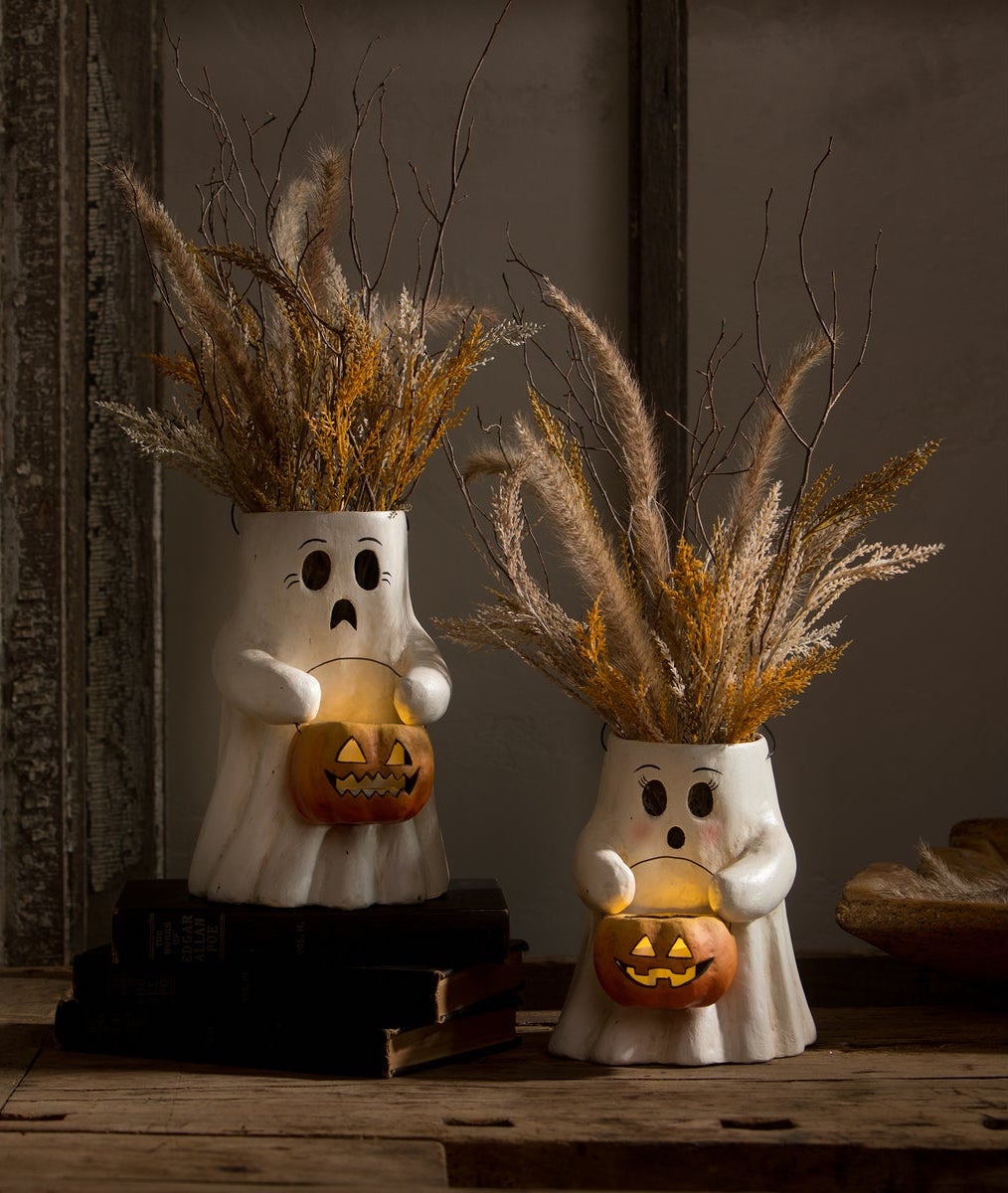 "Sweet Boo Ghost with Pumpkin Bucket, Paper Mache"